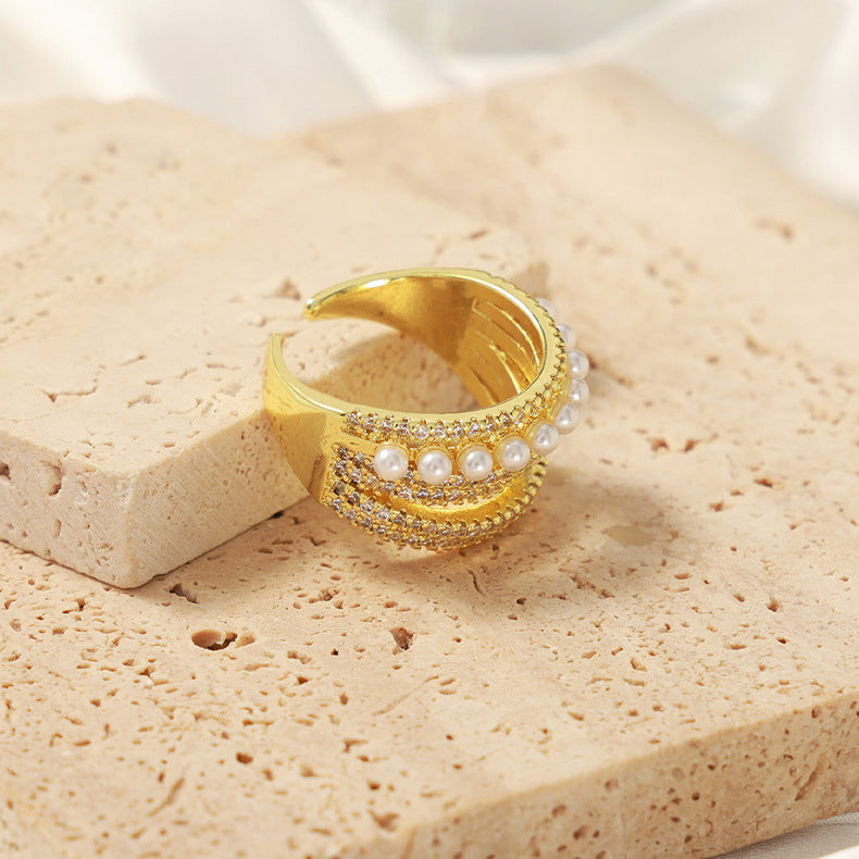 Open Diamond and Pearl Ring 