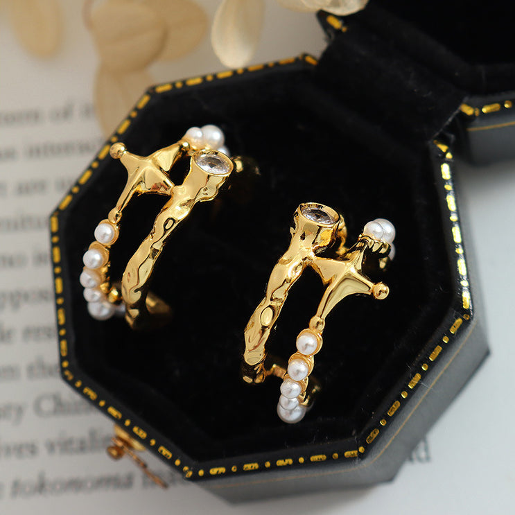 Elegant C Shape Diamond And Pearl Earrings