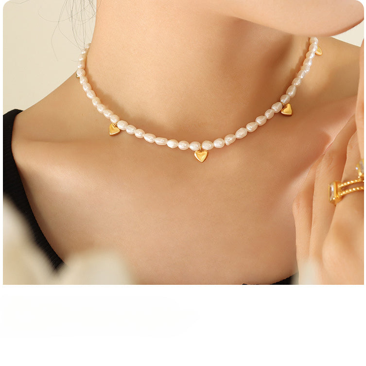 Gold Heart Charms Freshwater Pearl Necklace