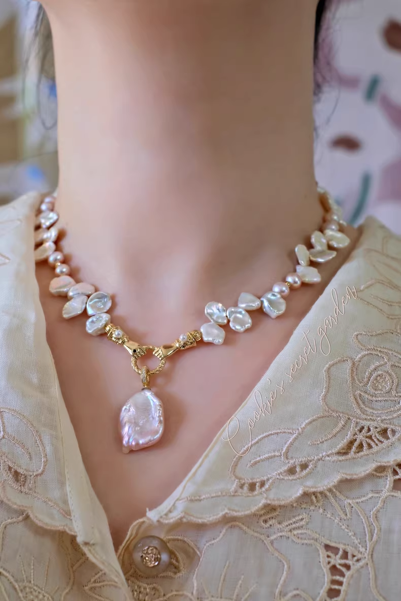 【Monet Garden Collection】 Handmade Pink Princess Baroque Pearl Necklace