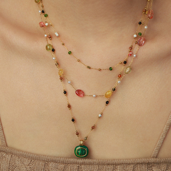 Stacked Dopamine Natural Stone Malachite Pearl Necklace