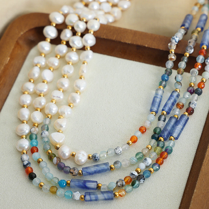 Colorful Natural Agate Crystal Freshwater Pearl Beads Necklace