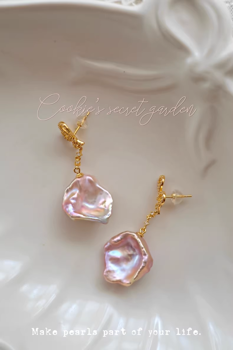 【Monet Garden Collection】 Handmade Yuru Bow Baroque Pearl Drop Earrings