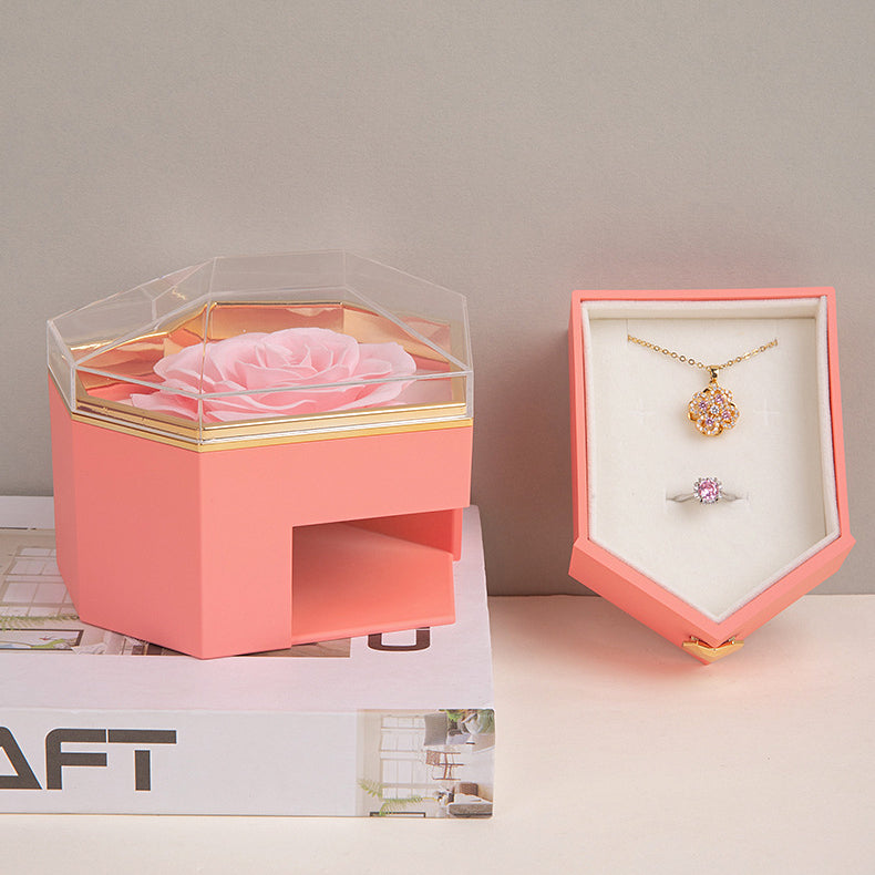 Beating Heart Preserved Rose Flower Ring Necklace Jewelry Box