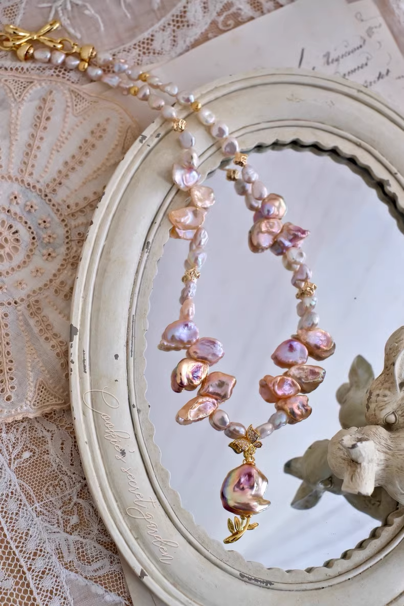 【Monet Garden Collection】 Handmade Glass Garden Baroque Pearl Necklace