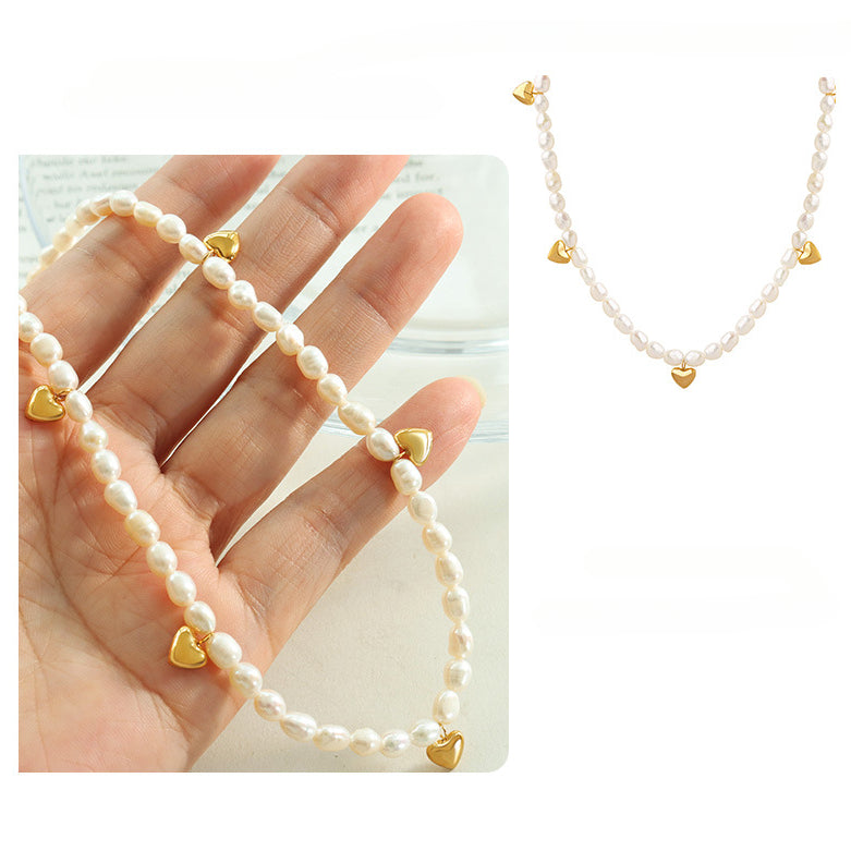 Gold Heart Charms Freshwater Pearl Necklace