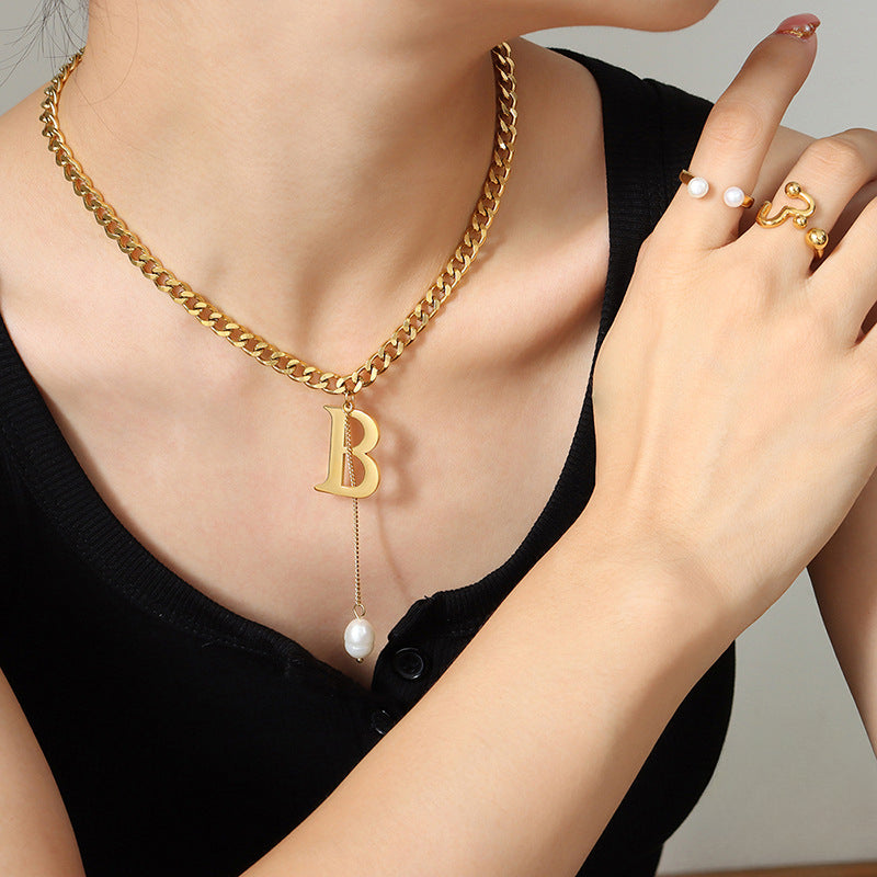 Letter B Pearl Drop Pendant Thick Flat O Chain Y Necklace