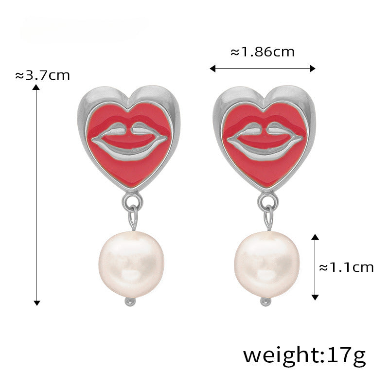 Enamel Glaze Smile Heart Mouth Pearl Drop Earrings