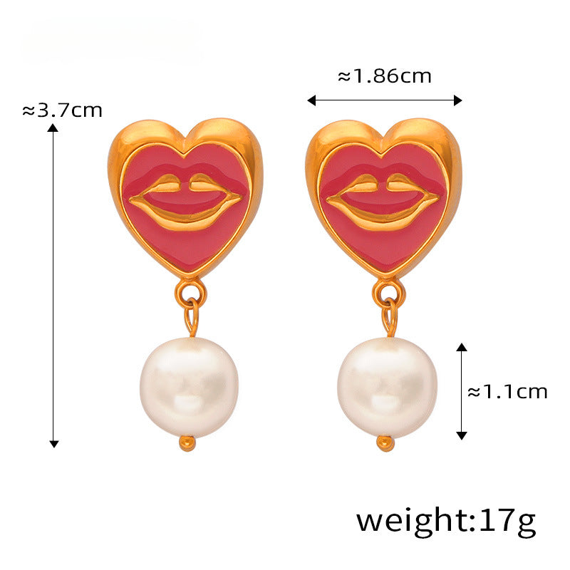 Enamel Glaze Smile Heart Mouth Pearl Drop Earrings