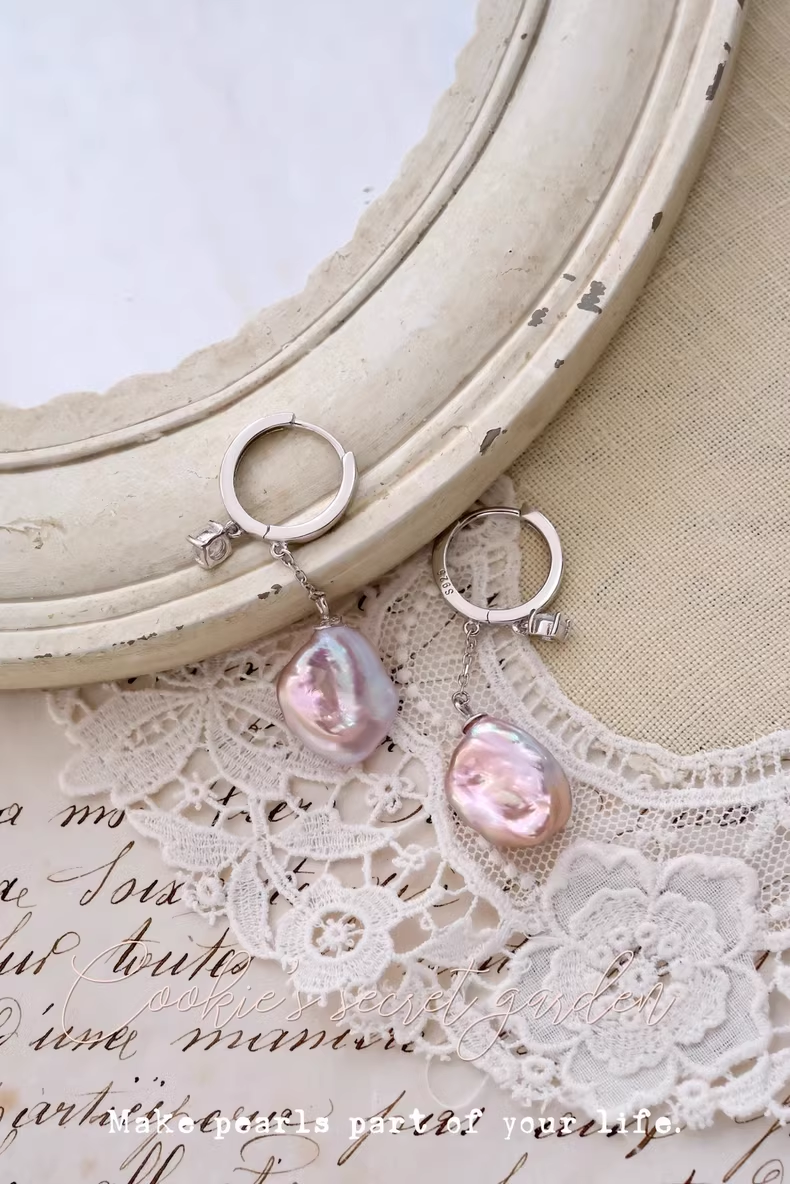 【Monet Garden Collection】 Handmade Silver Baroque Pearl Drop Earrings