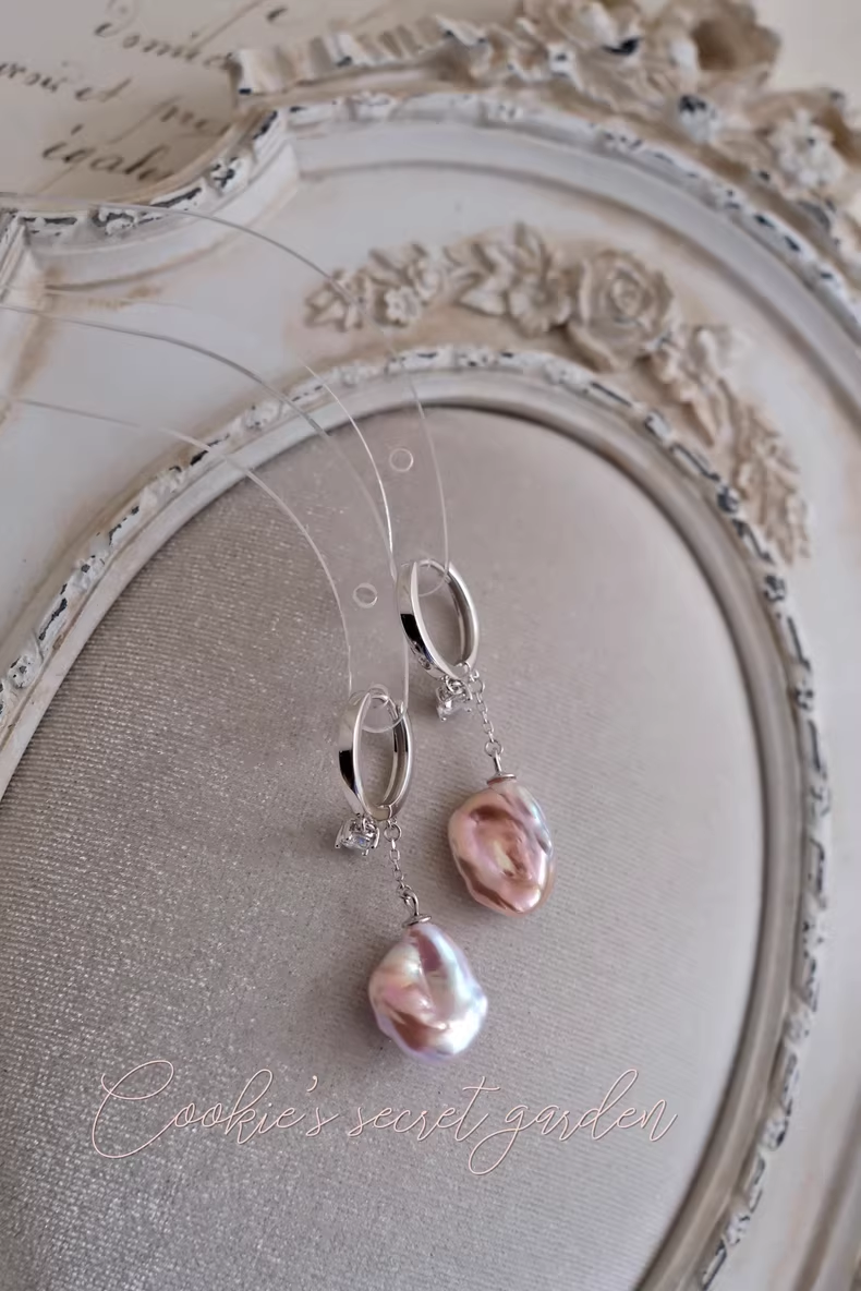 【Monet Garden Collection】 Handmade Silver Baroque Pearl Drop Earrings