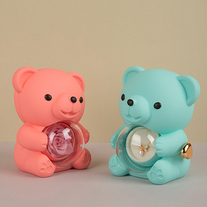 Teddy Bear Preserved Flower Ring Neckacle Jewelry Box