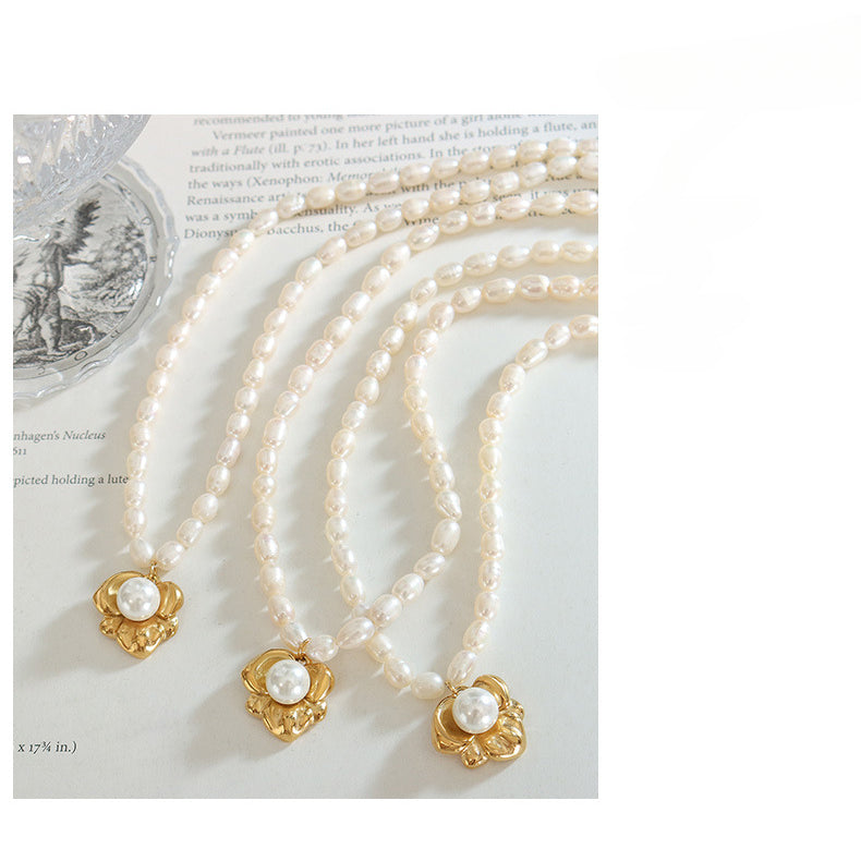 Irregular Flower Inlay Pearl Pendant Freshwater Pearl Necklace