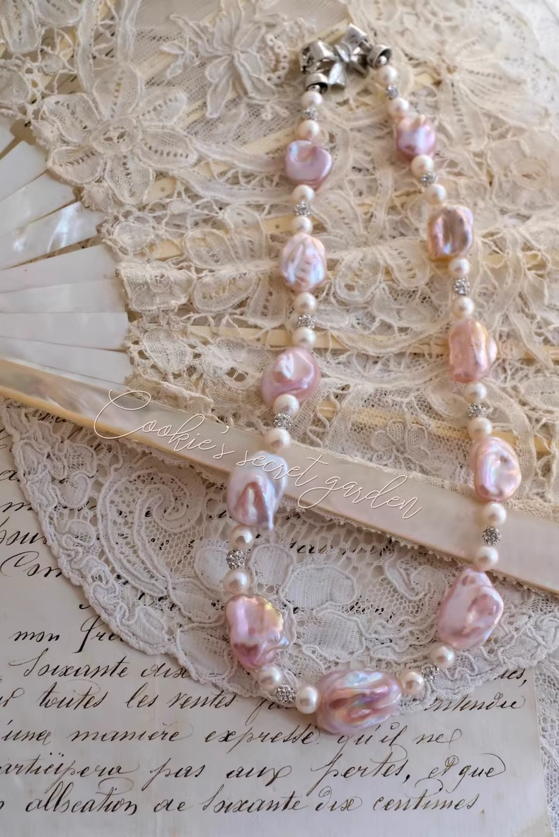 【Monet Garden Collection】 Handmade Strawberry Ice Shimmer Baroque Pearl Necklace