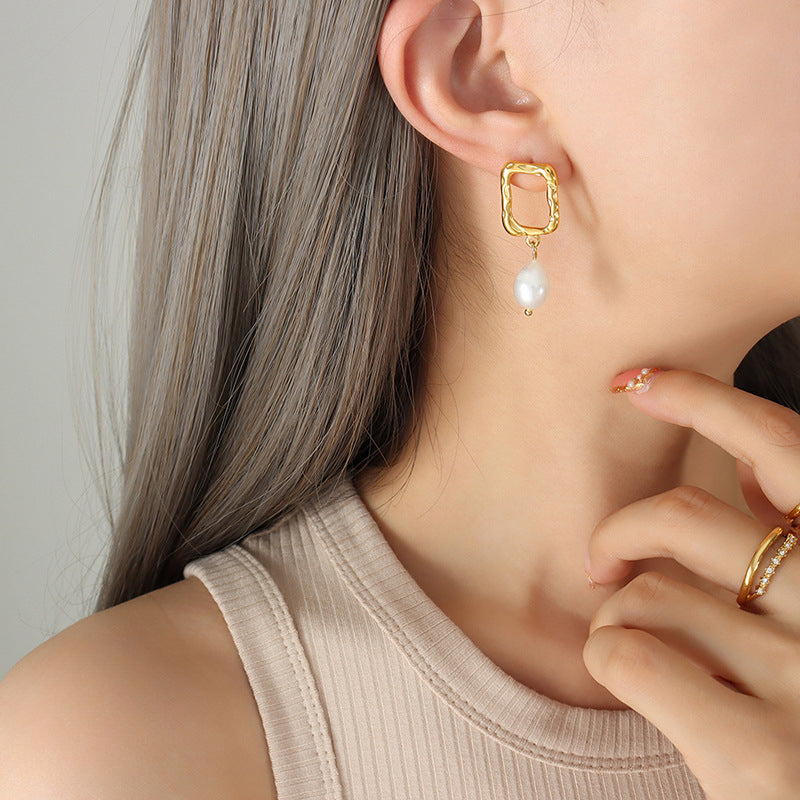 Debossed Gold Rectangle Pearl Drop Earrings