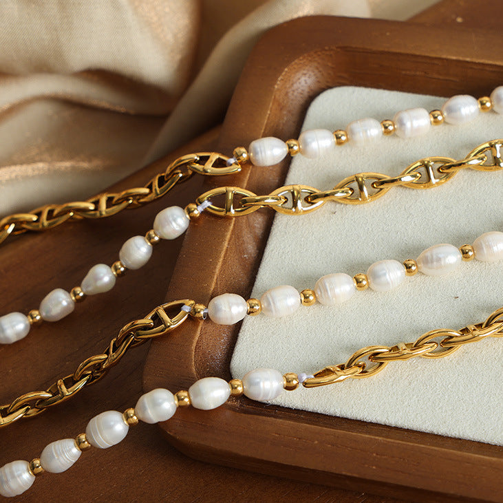 Freshwater Pearl Splicing Gold Thick Geometric Chain Necklace 