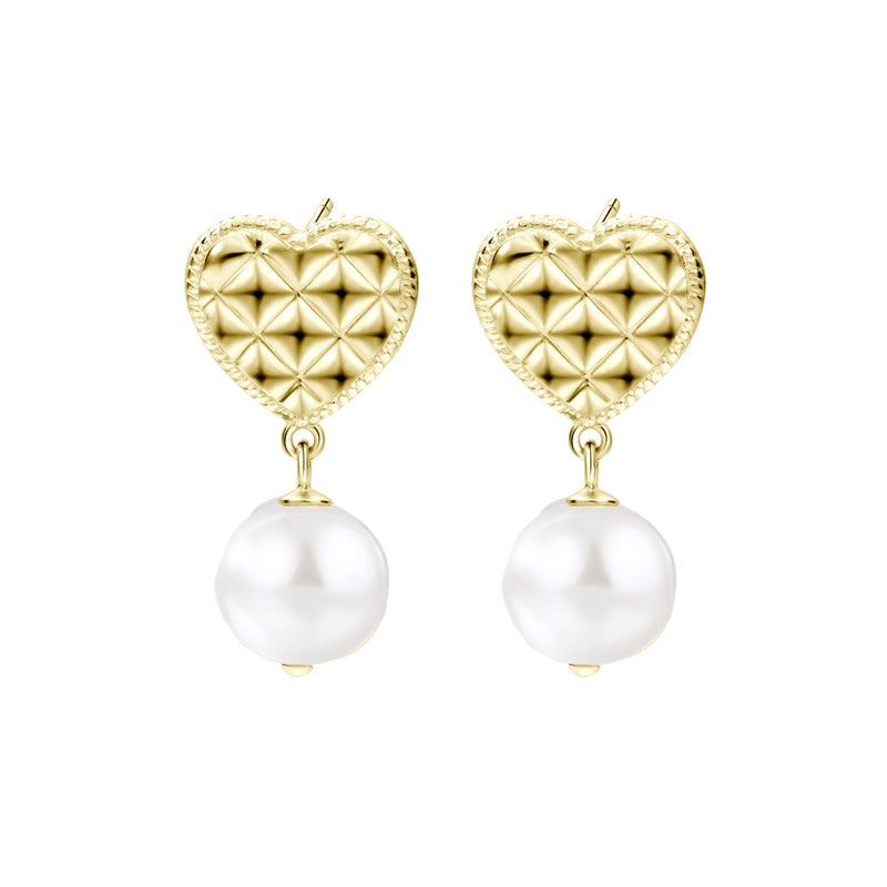 Lozenge Textured Love Heart Pearl Dangle Earrings