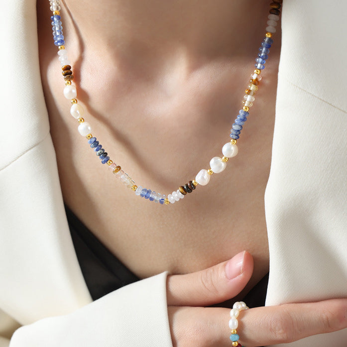 Natural Baroque Pearl And Blue Abacus Beaded Necklace