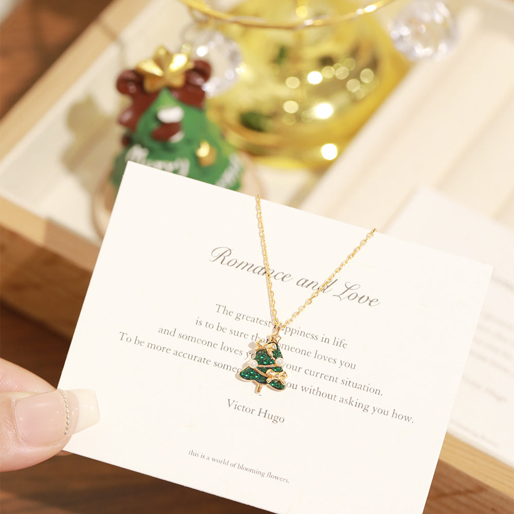 Christmas Tree Bow Pearl Pendant Necklace