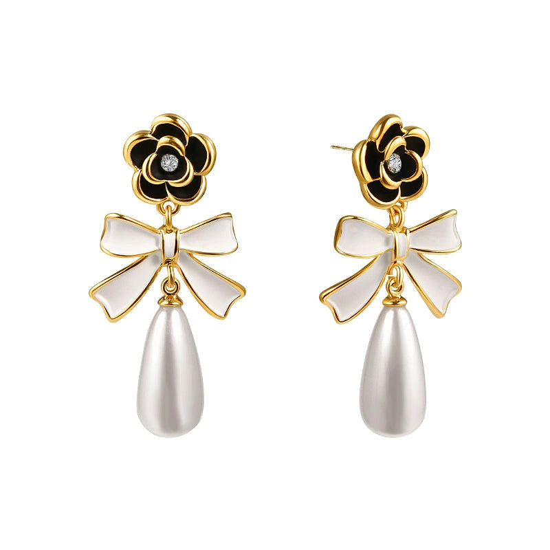 Camellia Bow Teardrop Pearl Earrings