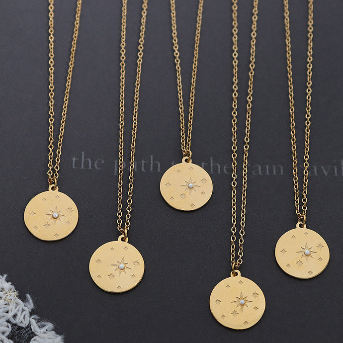 North Star Inlay Pearl Round Coin Pendant Necklace