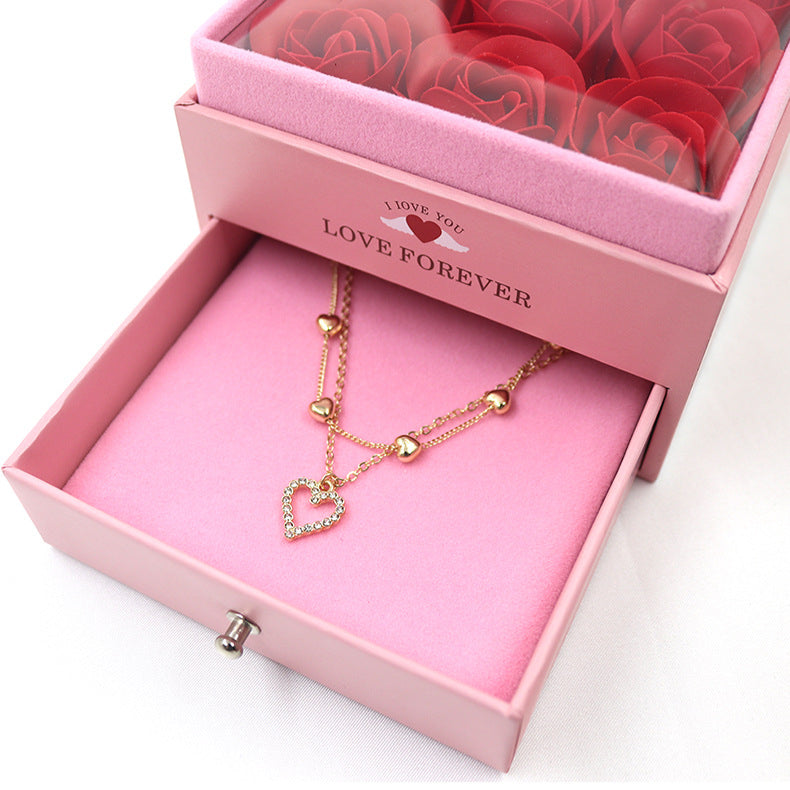 Dreamy Pink 9 Roses Preserved Flower Ring Earring Necklace Jewelry Box