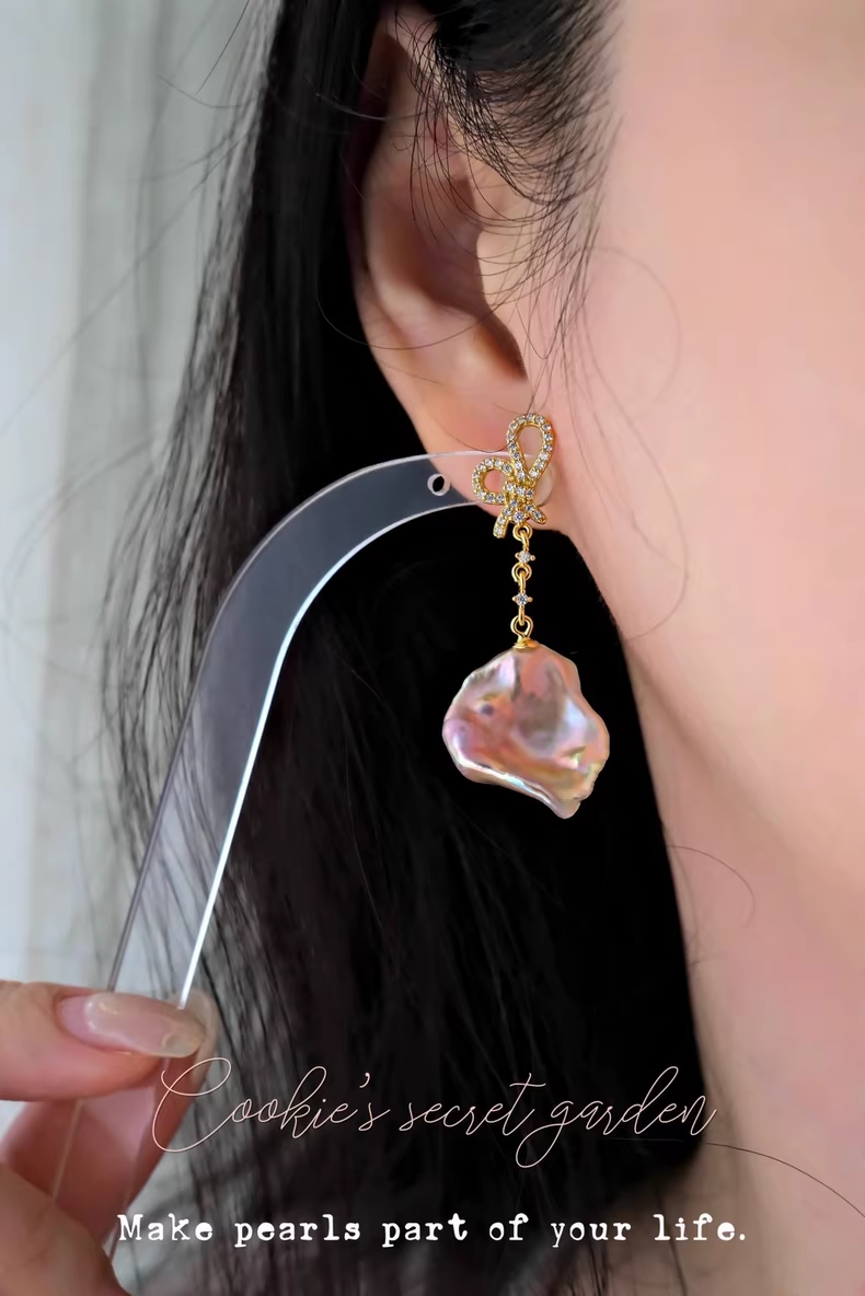 【Monet Garden Collection】 Handmade Yuru Bow Baroque Pearl Drop Earrings