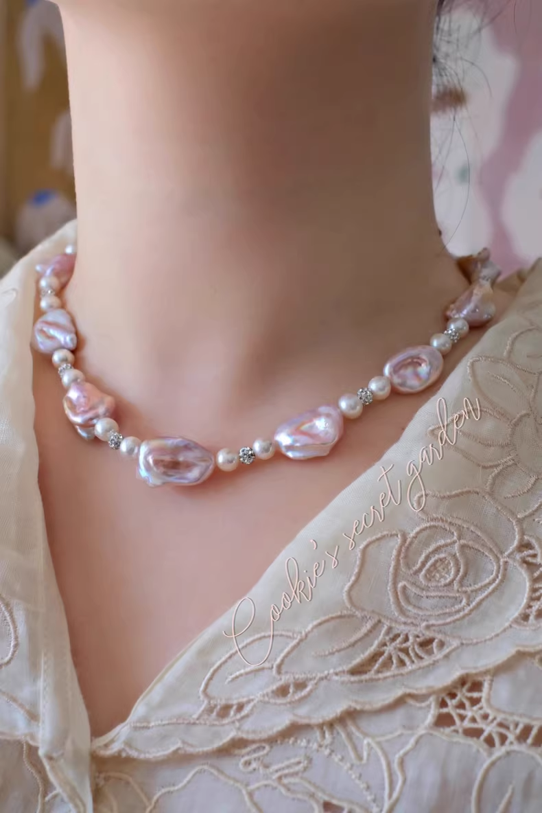 【Monet Garden Collection】 Handmade Strawberry Ice Shimmer Baroque Pearl Necklace