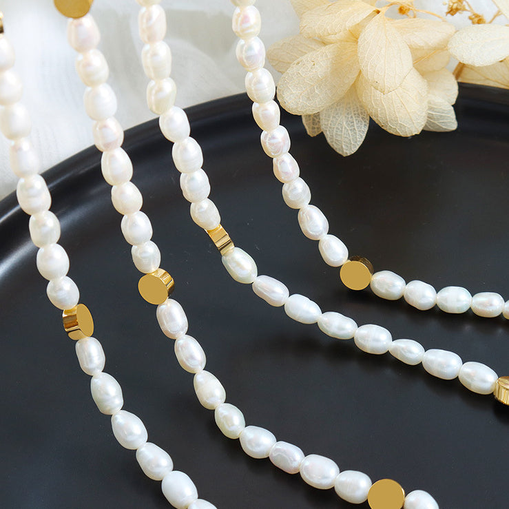 Gold Flat Round Beads Stitching Freshwater Pearl Necklace