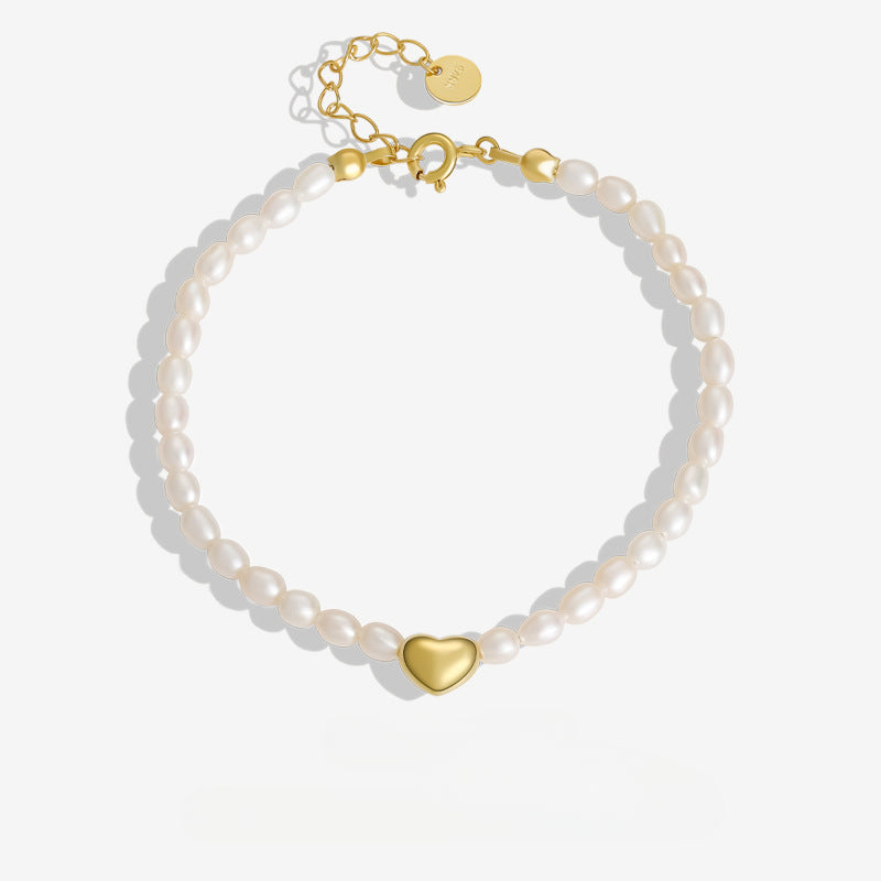 Super Thin Rice Pearl Bracelet with A Heart