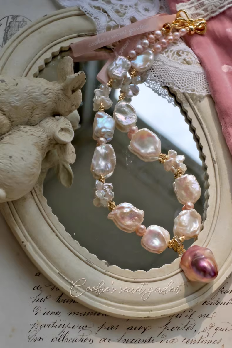 【Monet Garden Collection】 Handmade Cherry Jam Baroque Pearl Necklace