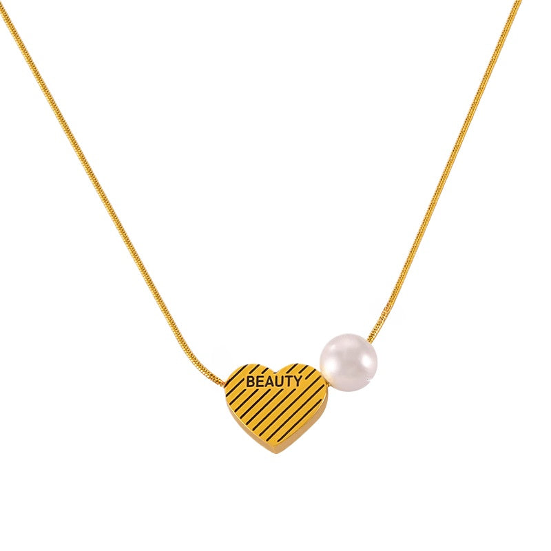 "BEAUTY" Heart Pearl Pendant Necklace