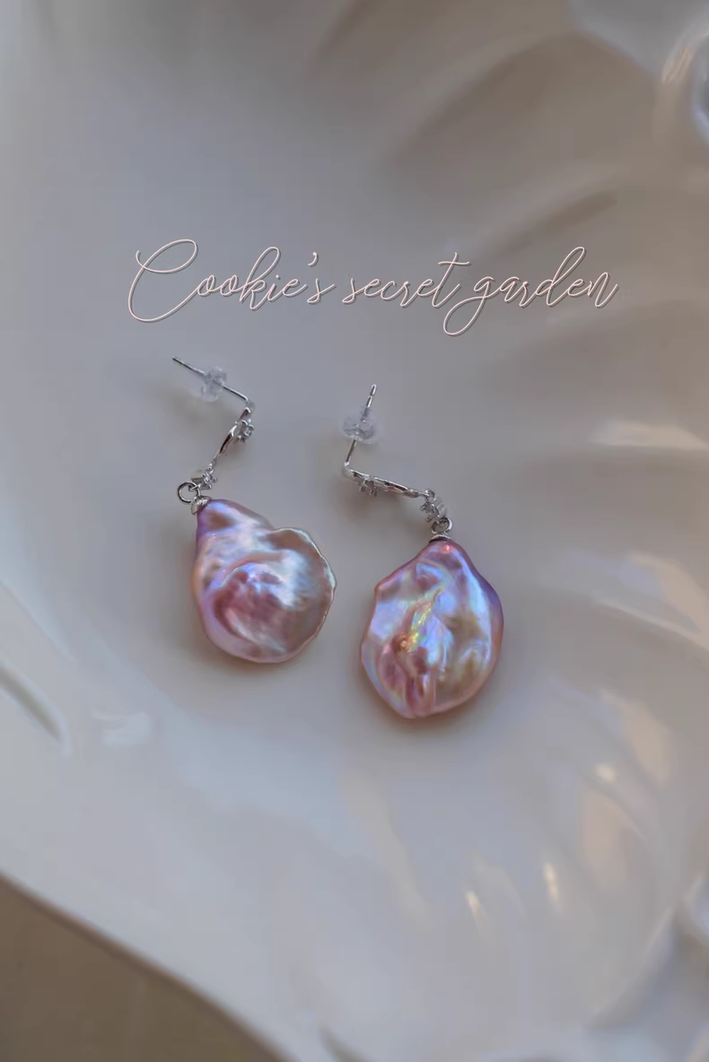 【Monet Garden Collection】 Handmade Pink-purple Baroque Pearl Earrings