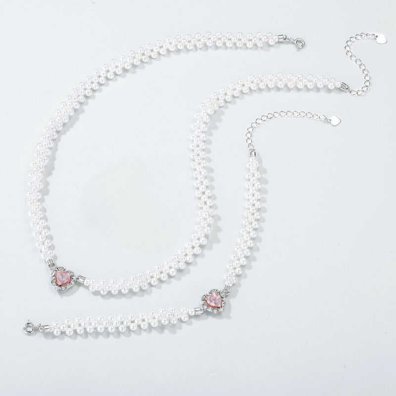 Princess Pink Crystal Love Heart Pendant Pearl Necklace