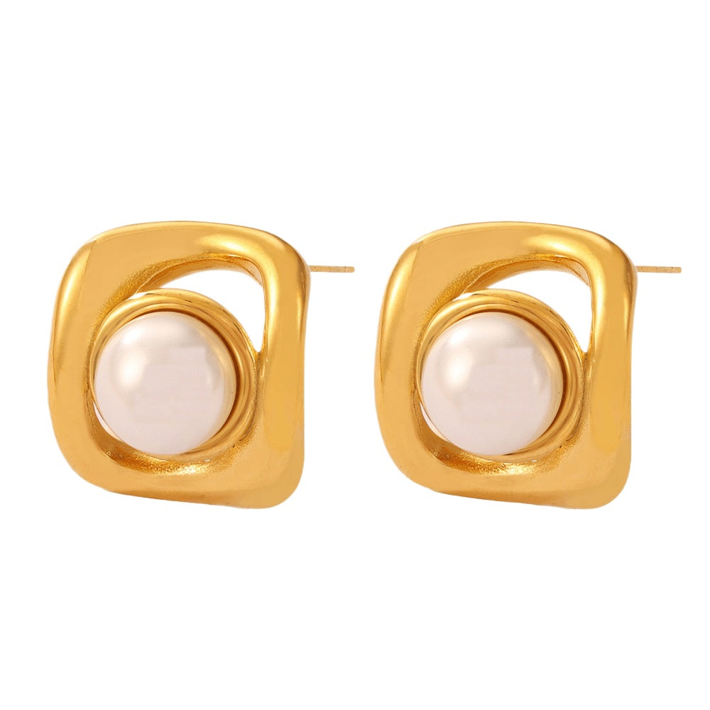 Retro Geometric Square Pearl Stud Earrings