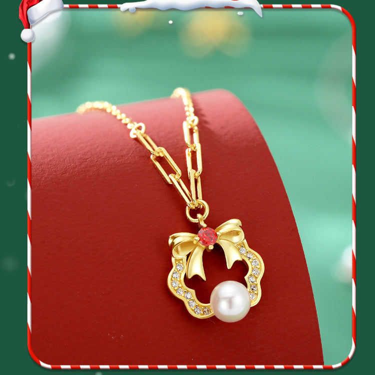 Christmas Wreath Bow Pearl Pendant Necklace