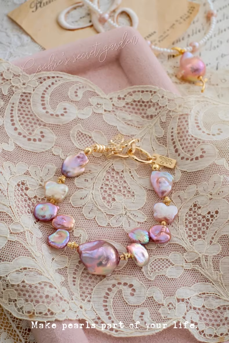 【Monet Garden Collection】 Handmade Butterfly Purple Baroque Pearl Bracelet