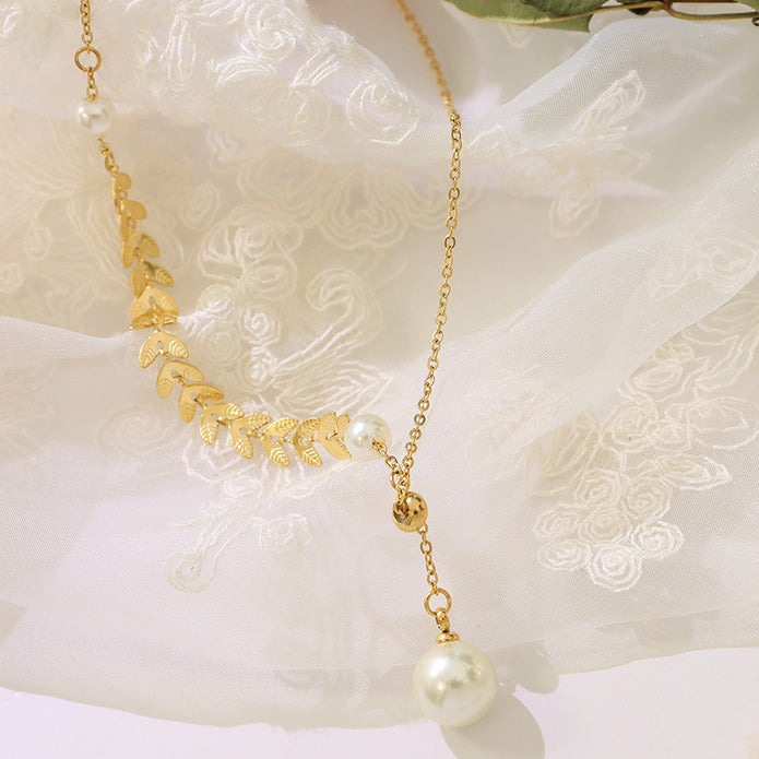 Adjustable Pull Chain Ears Of Wheat Pearl Drop  Y Necklace