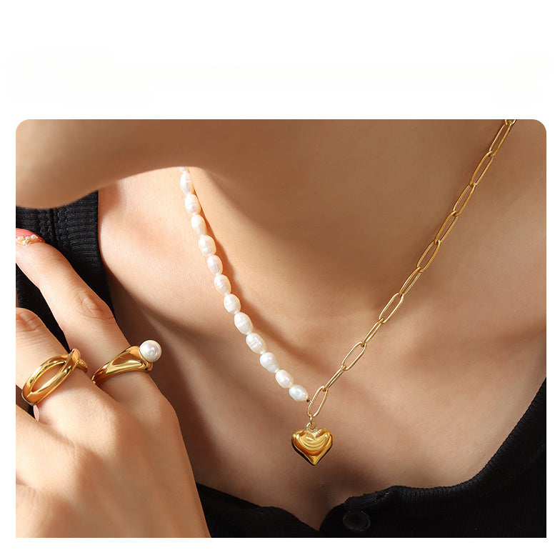 Half Paperclip Chain Half Freshwater Pearl Necklace With Heart Pendant