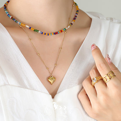 Double Layered Stacked Rainbow Crystal And Pearl With Heart Pendant Necklace