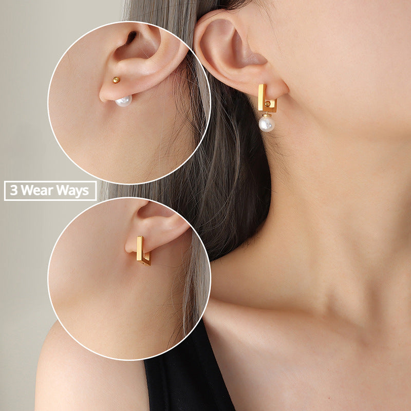 Multi Wear Ways Square Dangle Pearl Earring 