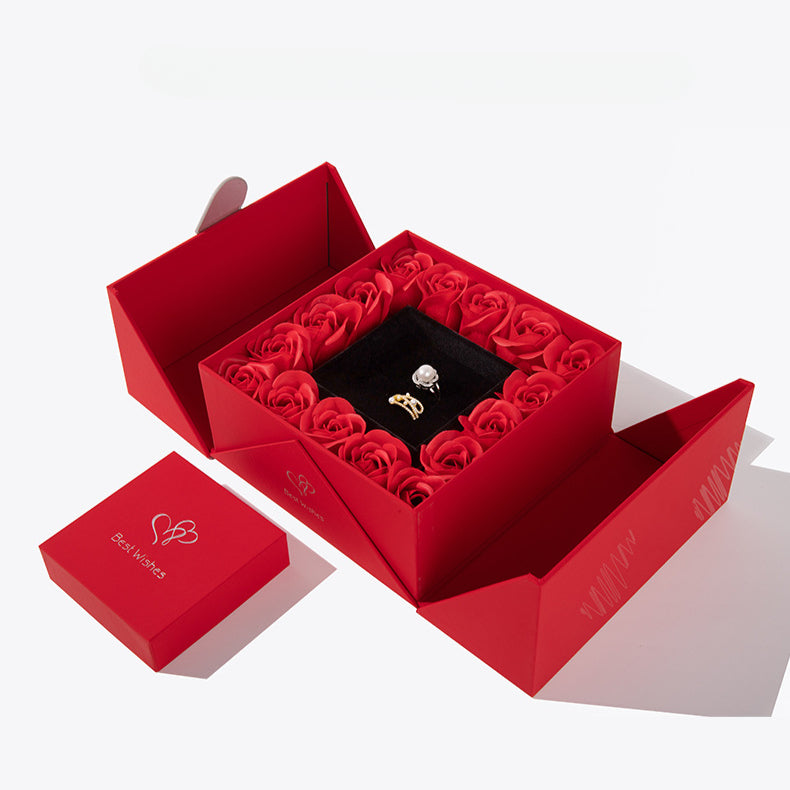 16 Roses Preserved Flower Heart Magnetic Closure Ring Earring Necklace Set Jewelry Box