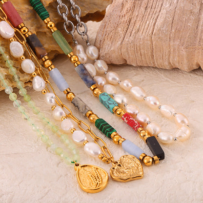 Colorful Jade Grape Stone Half Pearl Half Chain Necklace