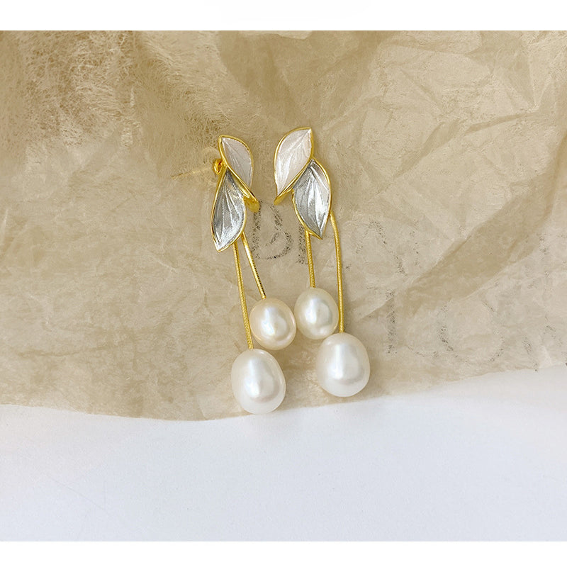 Leaves Tassel Pearl Dangle Earrings