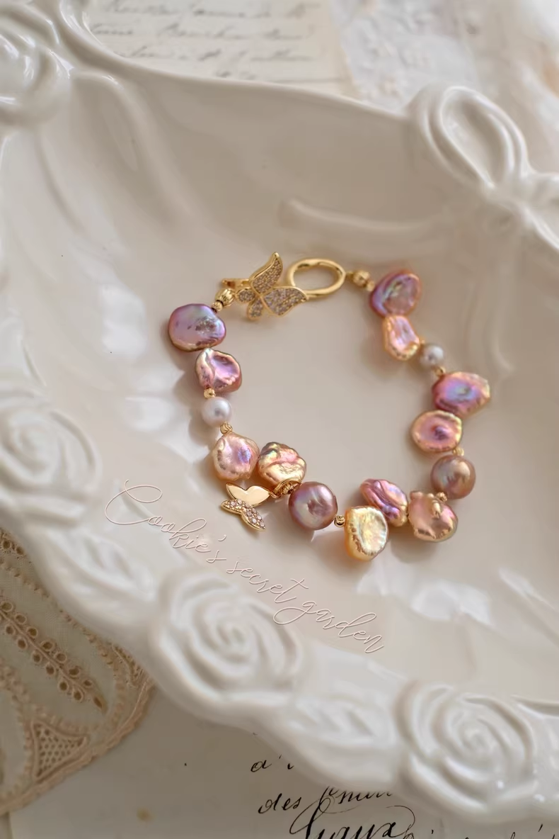 【Monet Garden Collection】 Handmade Butterfly Baroque Pearl Bracelet