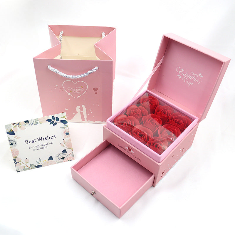 Dreamy Pink 9 Roses Preserved Flower Ring Earring Necklace Jewelry Box