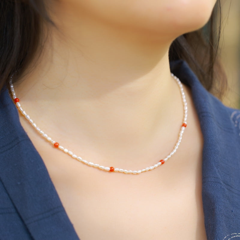 Natural Red Agate and Freshwater Pearl Strand Necklace