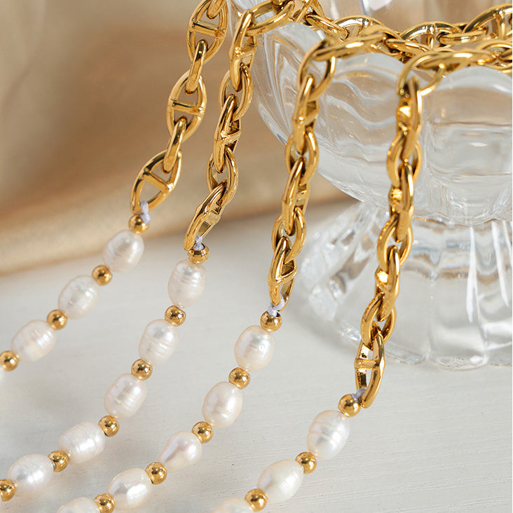 Freshwater Pearl Splicing Gold Thick Geometric Chain Necklace 