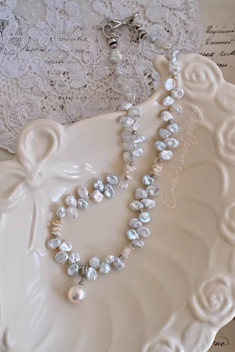 【Monet Garden Collection】 Handmade Mermaid Blue Baroque Pearl Necklace