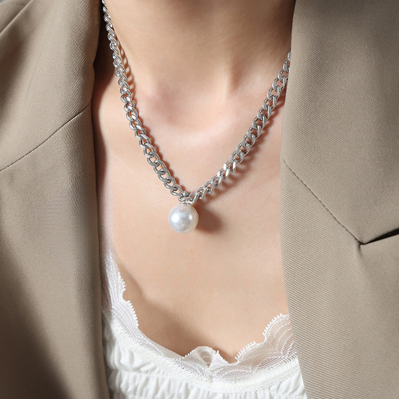 Silver Cuban Chain With A Detachable Pearl Pendant Necklace